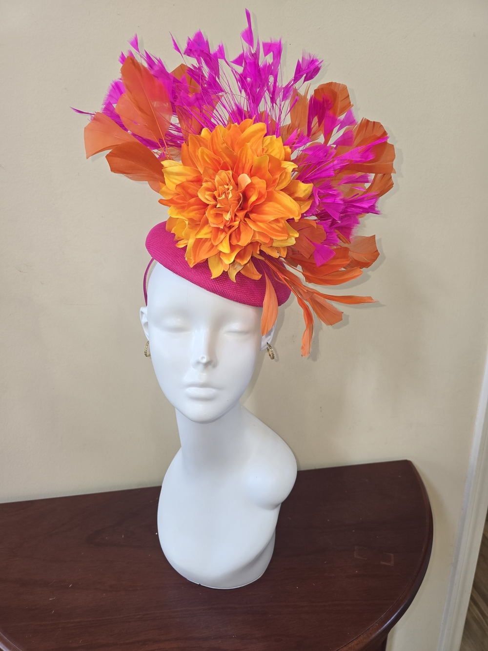 Vibrant Pink & Orange Floral Feather Fascinator Hat